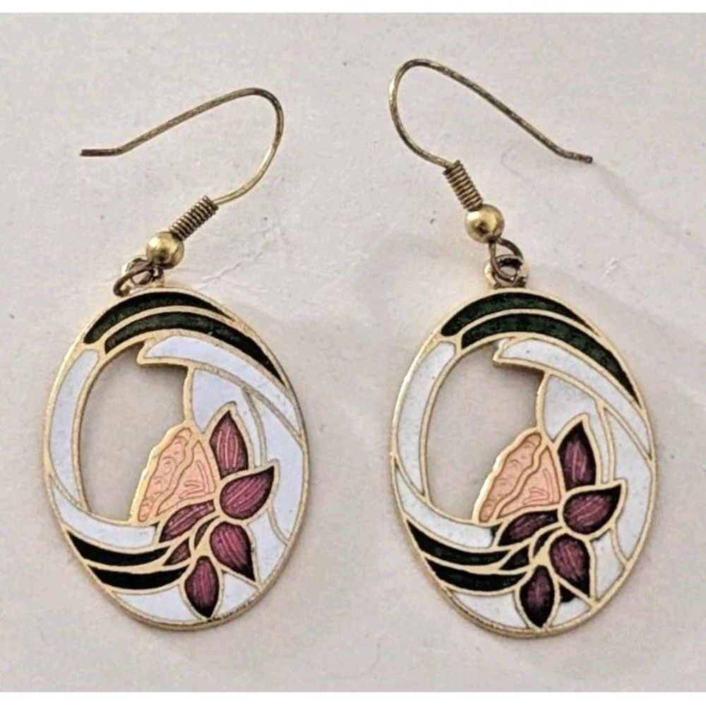 CLOISONNE FLORAL PINK FLOWER OVAL DROP EARRINGS MULTICOLOR ENAMEL VINTAGE HTF - Picture 1 of 6